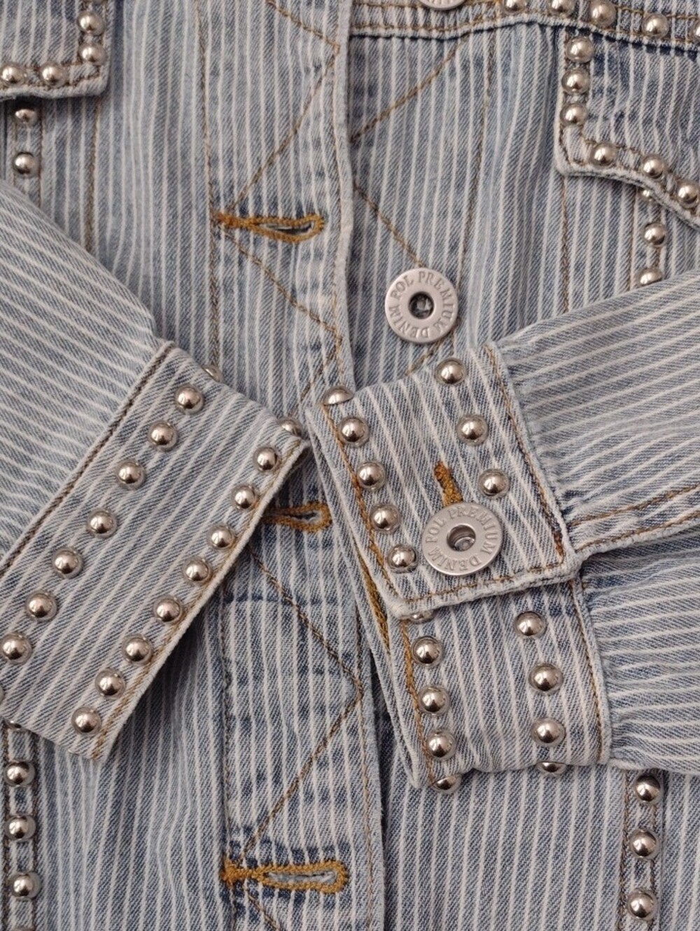 POL Small Oversized Striped Light Wash Silver Studded Glam Western Denim Jacket